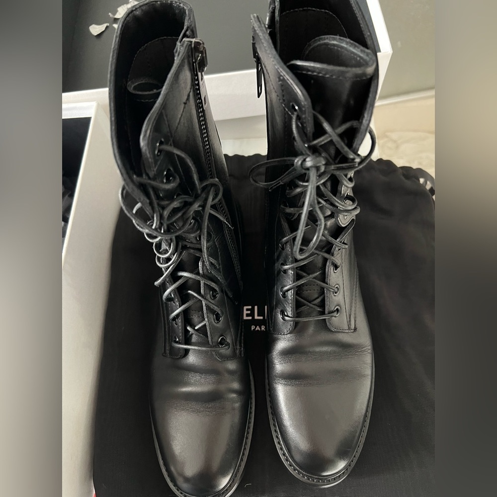 Beautiful Celine black combat boots with side zipper and laces